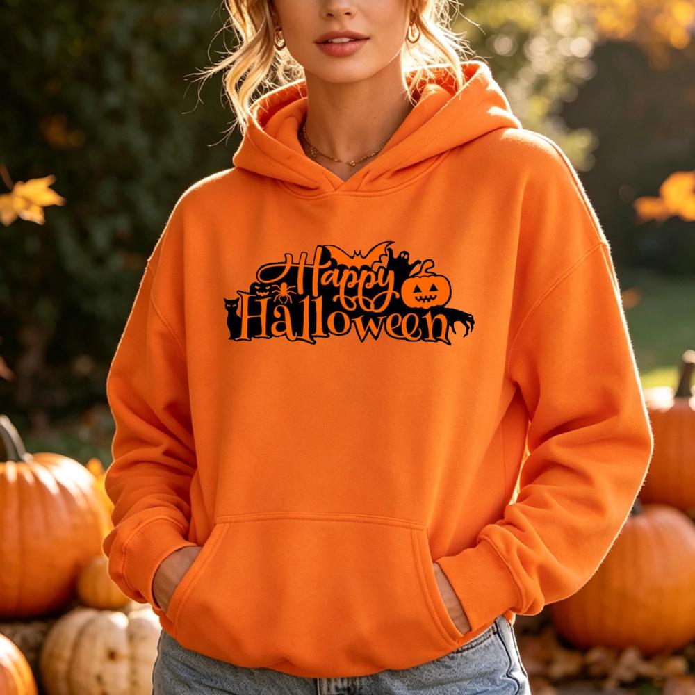 Felice Halloween Felpa con Stampa di Lettere Donna Felpa con Grafica di Zucca e Pipistrello Stagione Spettrale Manica Lunga Tasca Felpa con Cappuccio Top Casual