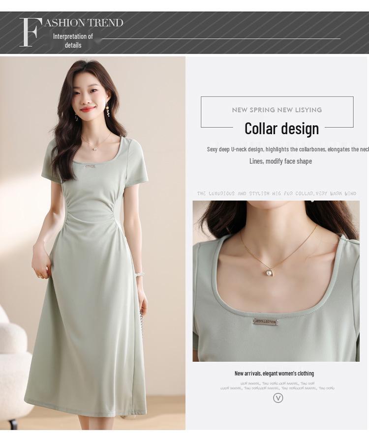 Elegant Green Square Neck Tea Break Dress: Short-Sleeved, Waist-Cinching, High-Class Summer Arrival