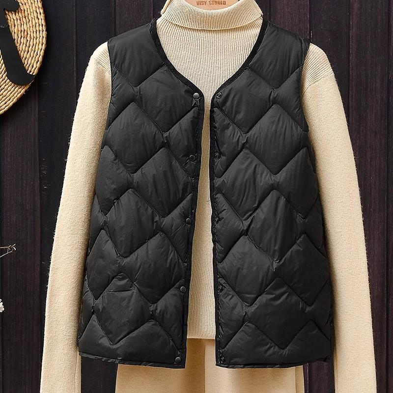 

осень и зима 2025 новый легкий пуховый жилет женский жилет ромб V-образный вырез внутренний с повседневным жилетом-подкладкой L чёрный