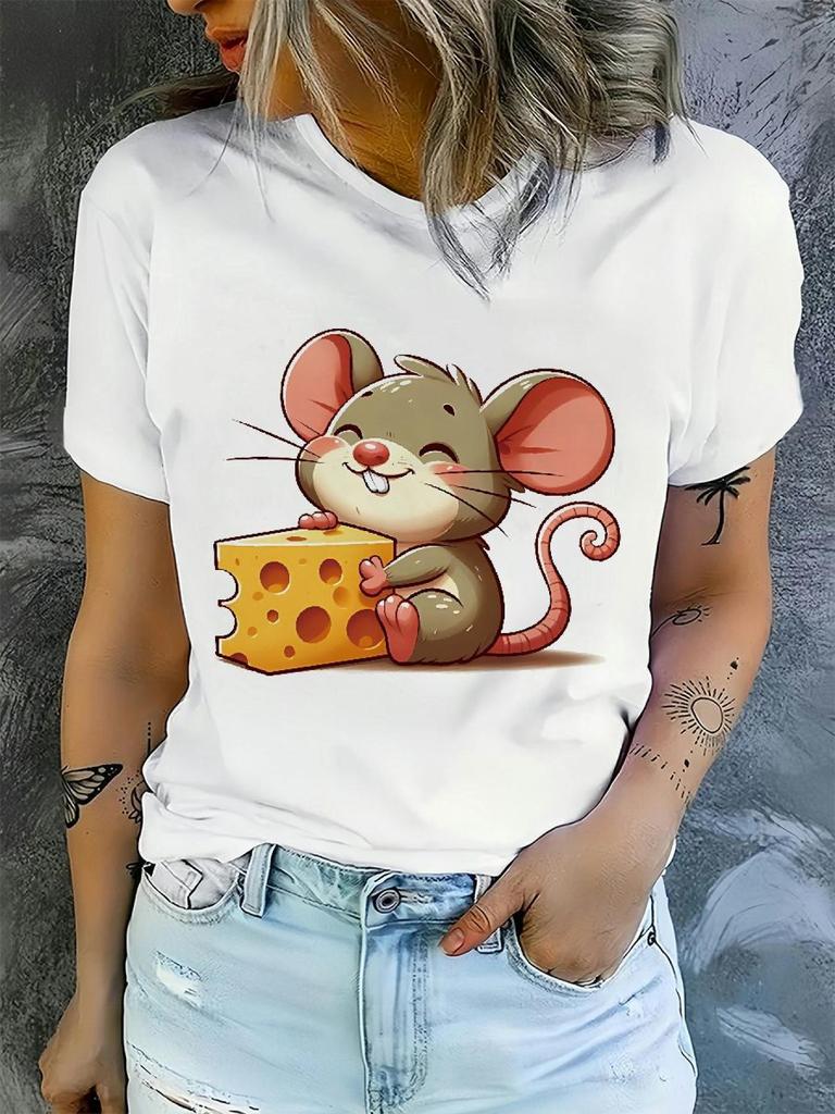 New 2026 Womens Y2k Style Mouse Cheese Print Tshirt Casual Short Sleeve Round Neck Summer Top Cheap  With Free Shipping