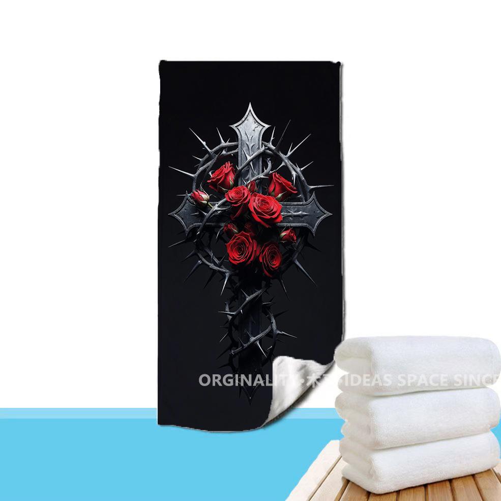 Gothic Thorn Rose Cross Beach Towel Patterned Sunscreen And Windproof Suitable For Swimming Pool Camping Travel Blanket