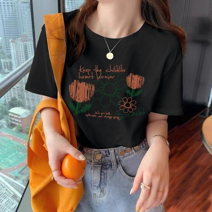 American Vintage Short Sleeve Pure Cotton T-Shirt 2026 New Women's Summer Loose Plus Size Trendy Printed Casual Round Neck Top