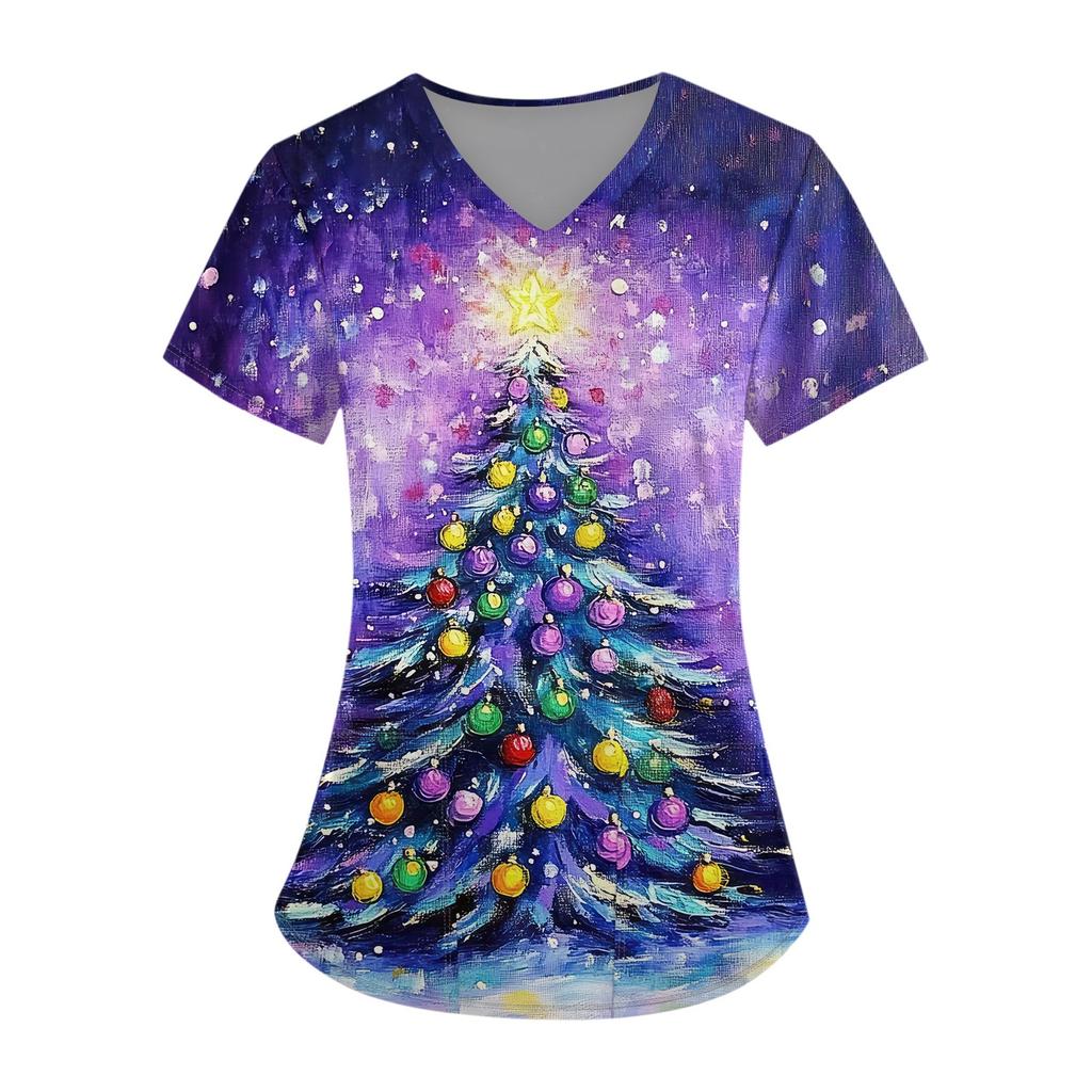 Hauts d'uniforme de travail imprimés grande taille pour femmes, col en V croisé, imprimé Halloween, manches courtes, t-shirts amusants, t-shirts de travail avec poches