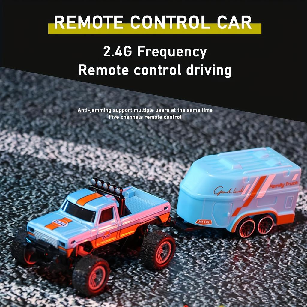 1:64 Scale Mini RC Truck Toy 2.4GHz Off-Road Alloy Truck with Trailer Body Lights Crawler Toy Adjustable Speed Steering Collectible Truck Model Gift
