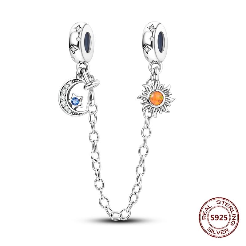 925 Silver Star Moon Bracelet Ocean Safety Chain with Colored Zircon Beads DIY Fine Jewelry for Women