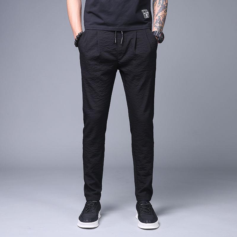 2023 Men's Loose Ice Silk Pants: Lightweight Korean-Style Trendy Summer Casual Straight Nine-Point Trousers.
