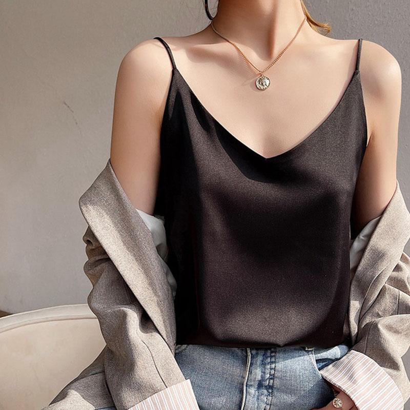 Women's V-Neck Sleeveless Camisole Top Satin Acetate Blend Inner Outer Wear Elegant Style with Suit for Summer Fashion