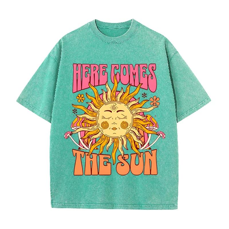 Vintage Black "Here Comes The Sun" T Shirt Retro Psychedelic Sun Acid Wash Tee