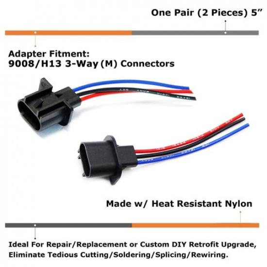 (2) 8" H13/9008 3-Way Male Adapter Pigtails Good For Light Conversion Retrofit