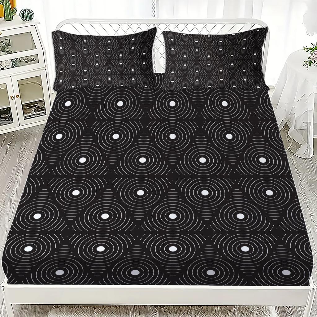 1pc Black White Fitted Sheet Geometry 3D Printed Linear Nordic Style 100% Polyester Flat Sheet Room Decoration For Adult Teen