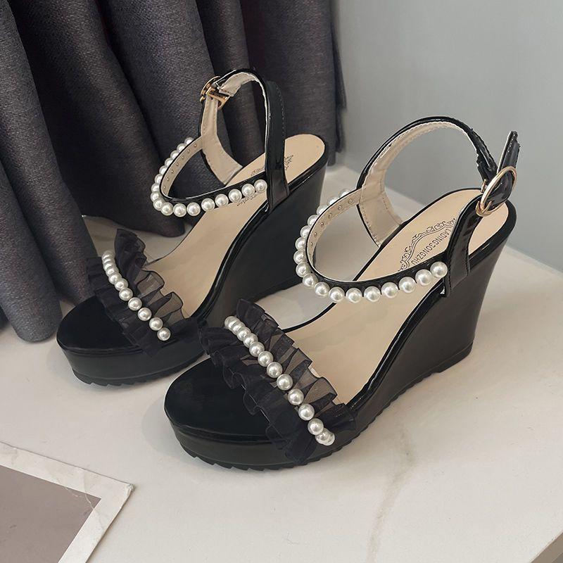 Pearl Women's Sandals Black Platform Ladies Shoes Lace Wedges Heel New Breathable Fashion Asian Size Pvc Wholesale High Quality