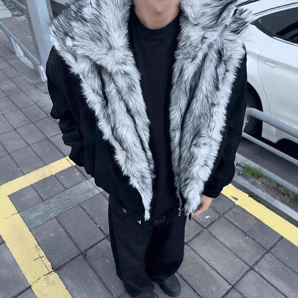 2025 Unisex American Style Faux Two-Piece Mountain Wolf Throne Jacket - Winter Warm Double Layer Shearling Collar Coat XL чёрный