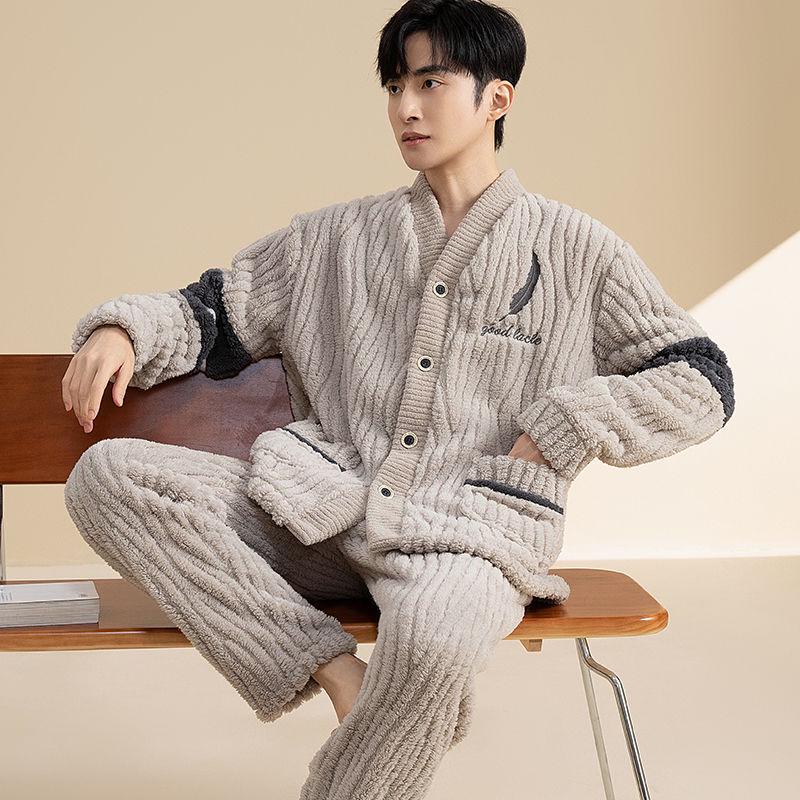 Men's Plus Size Flannel Fleece Home Wear Set - Thickened for Autumn and Winter