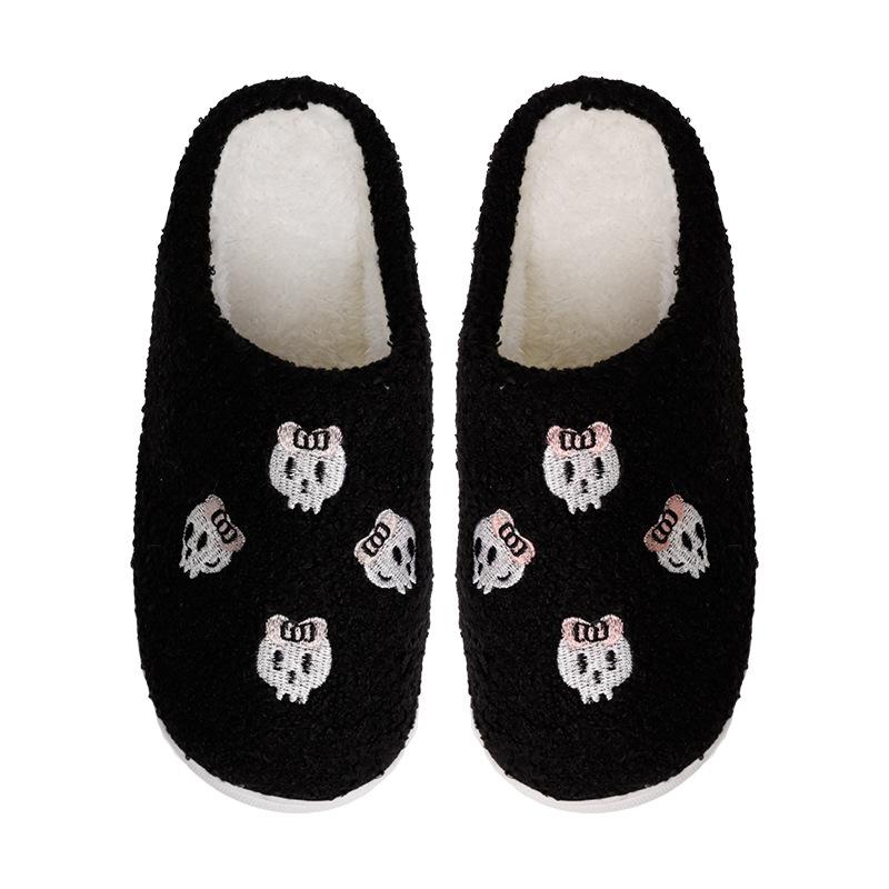 New Comfortable Home Hairpin Skeleton Winter Embroidered Cotton Slippers Men and Women Couple Thick-bottomed Warm Cotton Slippers