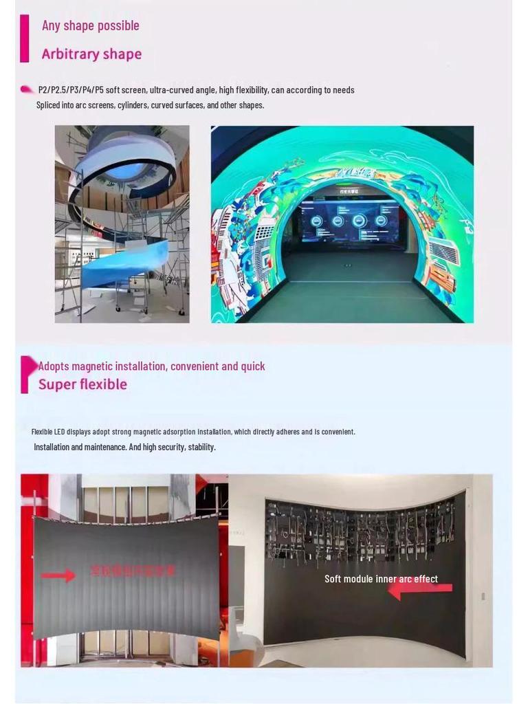 Flexibilní LED displej: P1.5/P2.0 Měkký modul, Bezšvývý zakřivený displej s vysokým rozlišením
