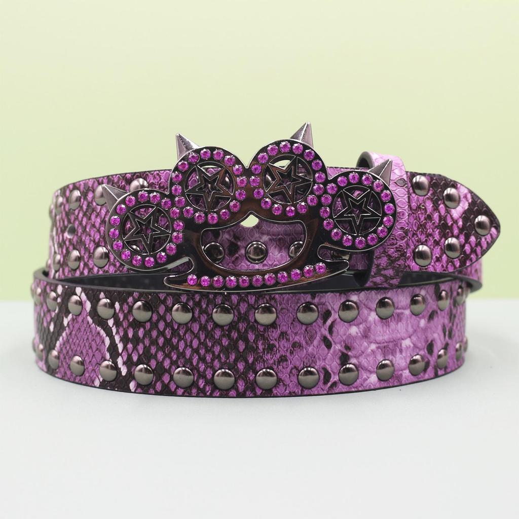 Rhinestone Tiger Claw Buckle Belt - Y2K Punk Rivet Women's Snake Skin Belt