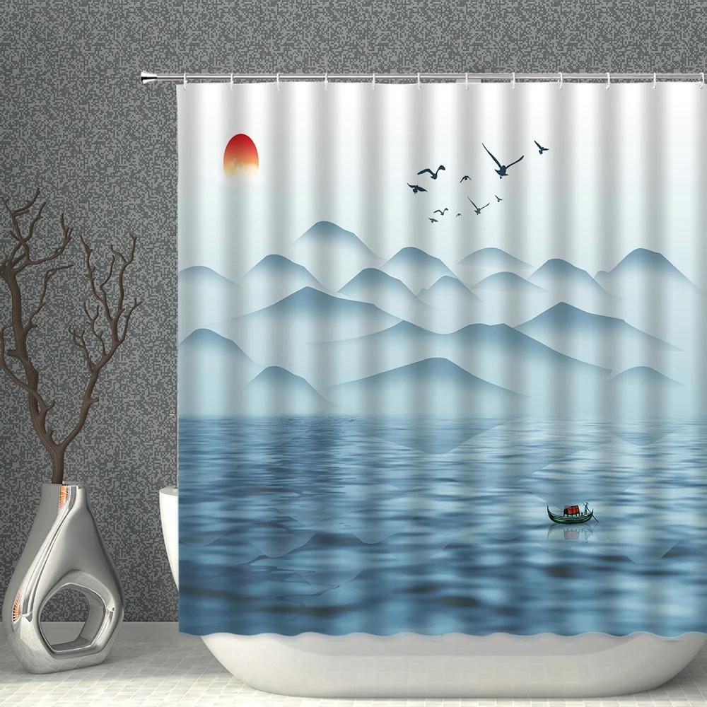 Chinese Ink Painting Mountain Landscape Plant Flower Printing Pattern Household Decoration Waterproof Polyester Fabric With Hook