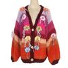 Women's V-Neck Striped Hand-Crocheted Floral Cardigan - Lazy Style, Long-Sleeve, Loose Fit, Perfect for Autumn and Winter.