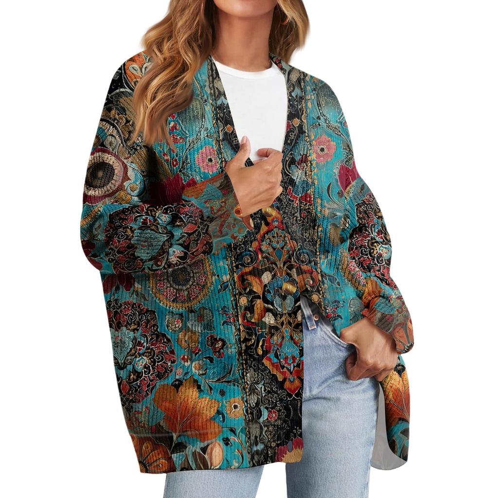 Women's Fashion Long Sleeve Print V-Neck Button Loose Cardigan Top