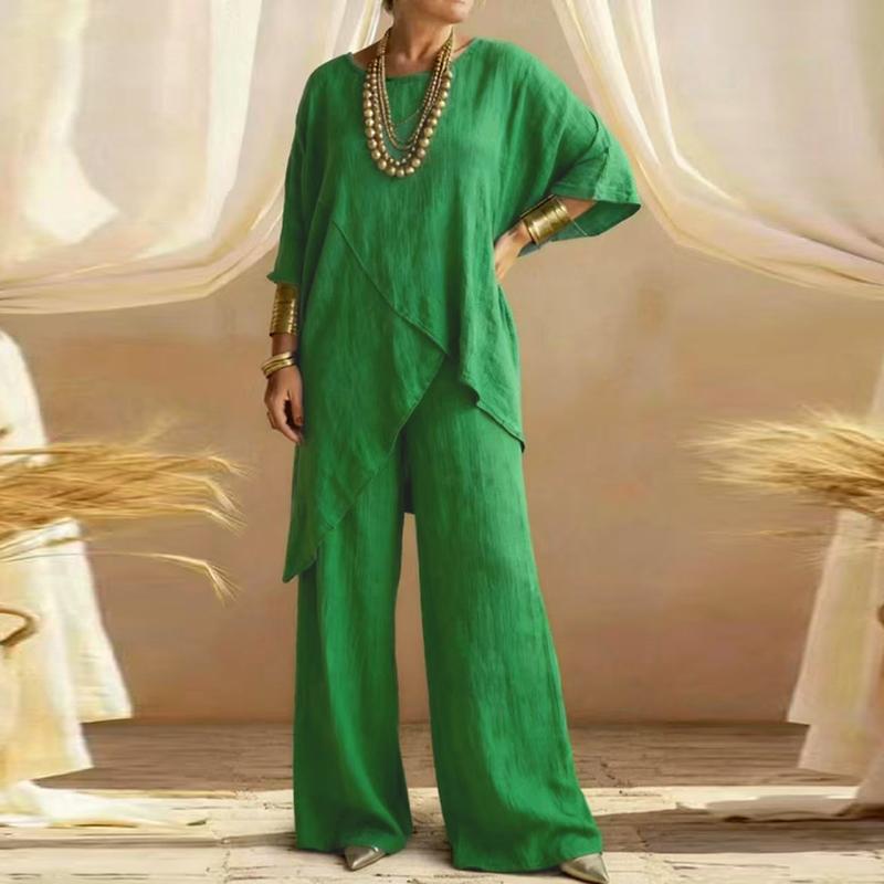 Summer Half Sleeve Irregular T Shirt Loose Wide Leg Pants Suit Women Casual Two Piece Set Cotton Linen Outfits