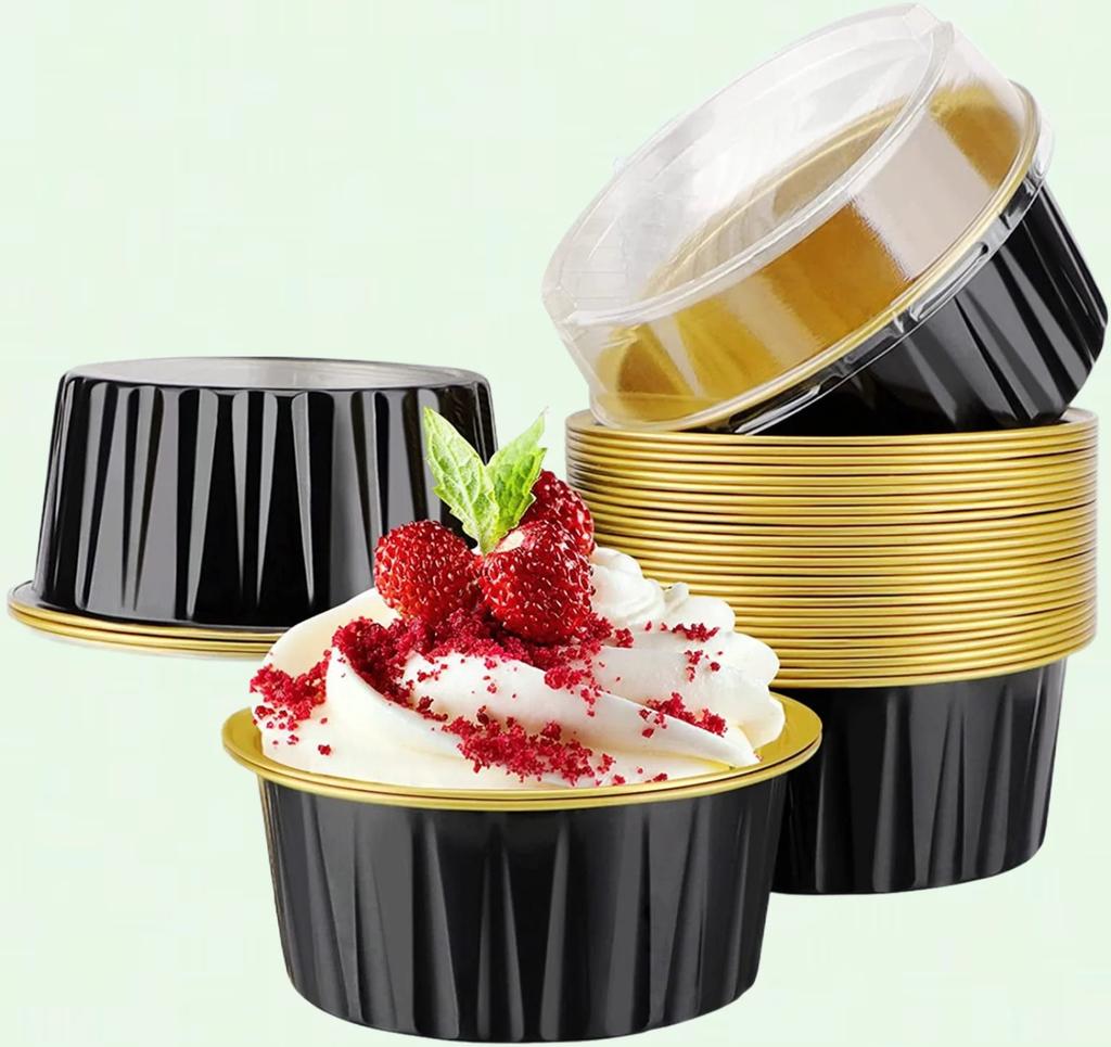 Dessert Cups With Lids, 60 Pieces Gold Aluminum Foil Baking Cup Holders, Cupcake Baking Practical Ramekins Transparent Pudding Cups