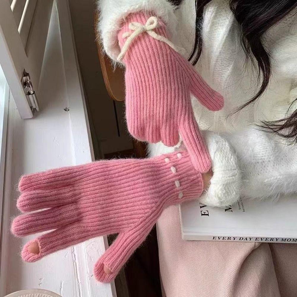 Solid Color Touch Screen Gloves Knitted Texture Thermal Riding Gloves Winter Season