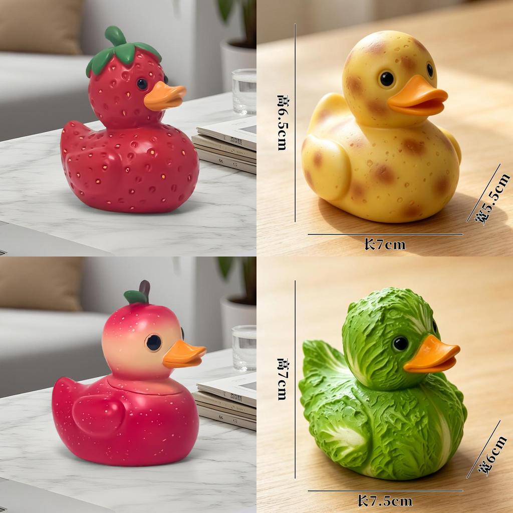 Figurina di Anatra con Frutta e Verdura Cartone Animato PVC Decorazione Creativa per Scrivania per Regalo e Collezione