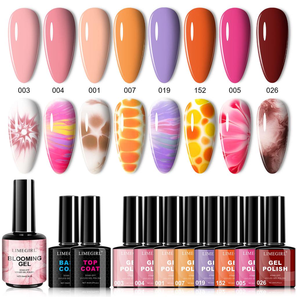 8 Color Marbling Gel Nail Polish Set, Trending Colors Soak Off Gel Nail Art Kit with No Wipe Top Coat