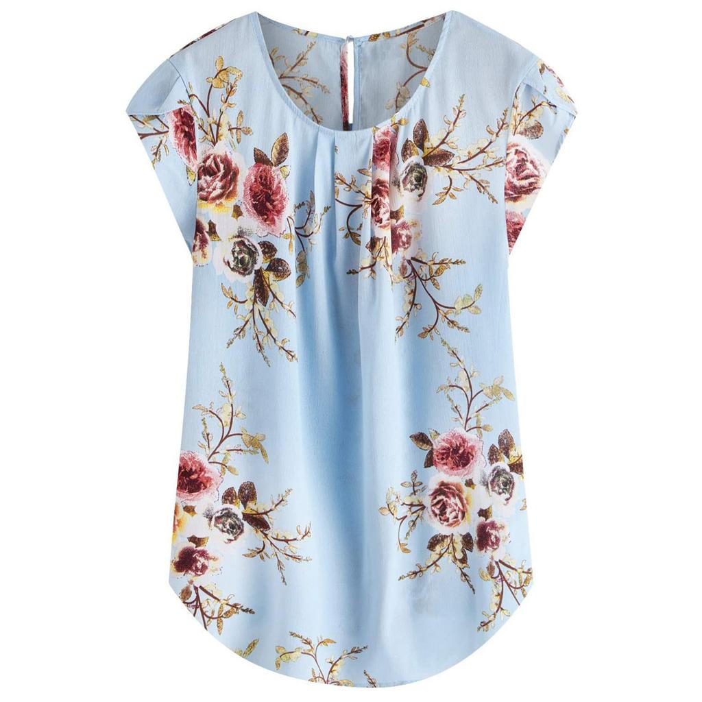Women's Fashion Color Printing Short-sleeved Button Round Neck Casual Tops