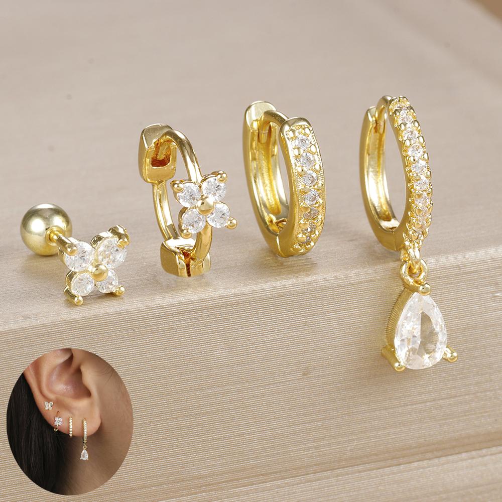 4PCS Zircon Star Moon Flower Small Hoop Earrings Set For Women Stainless Steel Huggies Pendant Piercing Earrings Jewelry Aretes