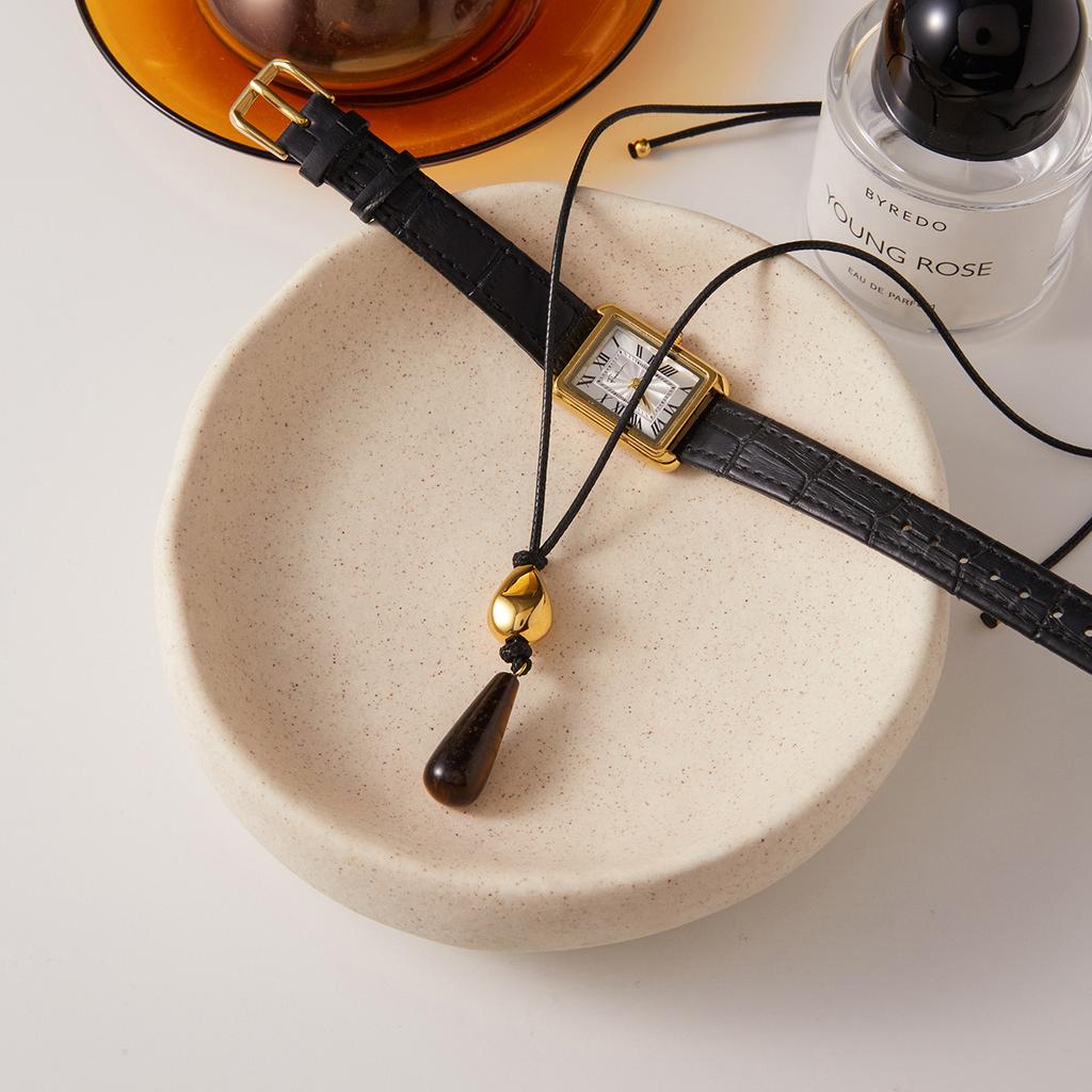 Yori 70cm Teardrop-shaped Tiger's Eye Pendant With Black Waxed Cord Necklace Women Fashion Anniversary Gift Accessories