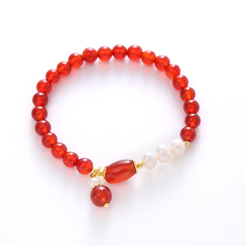 Red Agate Bracelet for Women Natural Freshwater Pearl Beaded Bracelet with Pendant Elegant Elastic Jewelry Gift красный