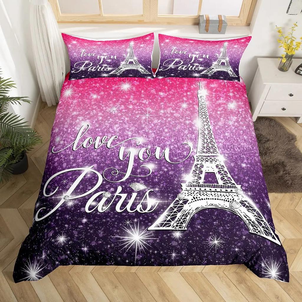 Paris Bettbezug-Set Queen Size Eiffelturm Bettwäsche-Set Mädchen Schwarz und Rosa Paris Deckenbezug Romantischer Französischer Bettdeckenbezug