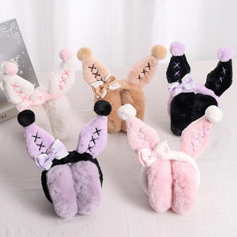 Girls Lovely Bunny Ear Shape Ear Warmer Stuffed Earmuff Warm Plush Winter Earwarmer with Bowknot Decor for Children