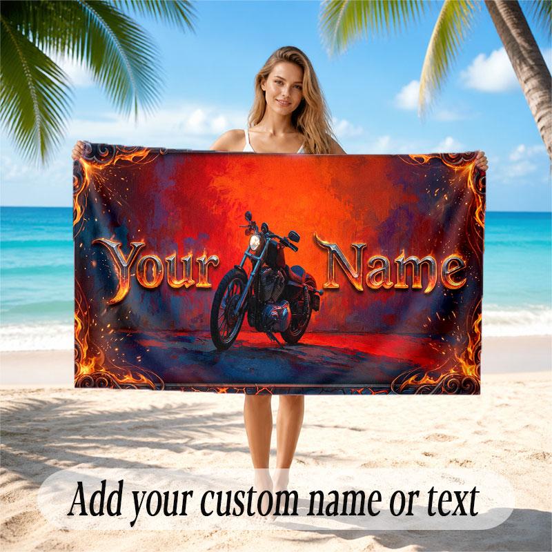 Motorcycle Theme Soft Beach Towel Personalized Custom Name Text Towel Portable for Beach Pool Travel