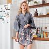 Women Robe Kimono Bathrobe Navy Blue Print Nightgown Sleepwear Silky Soft Satin Nightwear Sexy Short Nightdress Casual Homewear