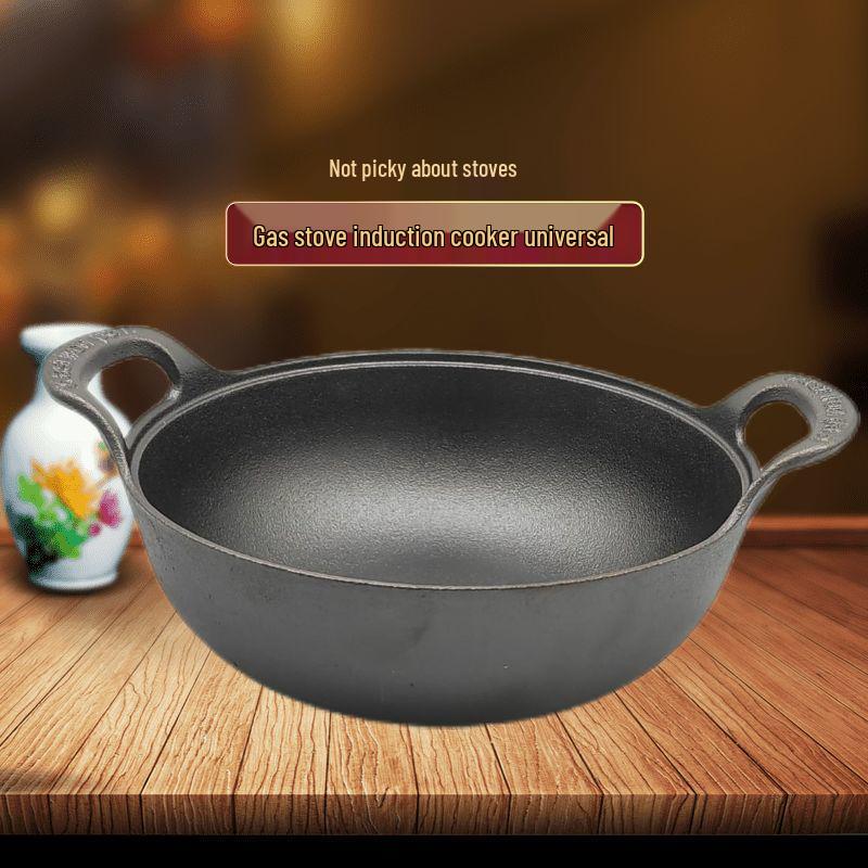 Zesílený litinový Yuanbao Univerzální hrnec na dušení: Nepřilnavá indukční pánev wok se dvěma uchy