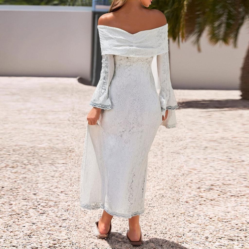 Elegant Off Shoulder Lace Maxi Dress Women Long Sleeve Evening Party Dresses For Date Nights