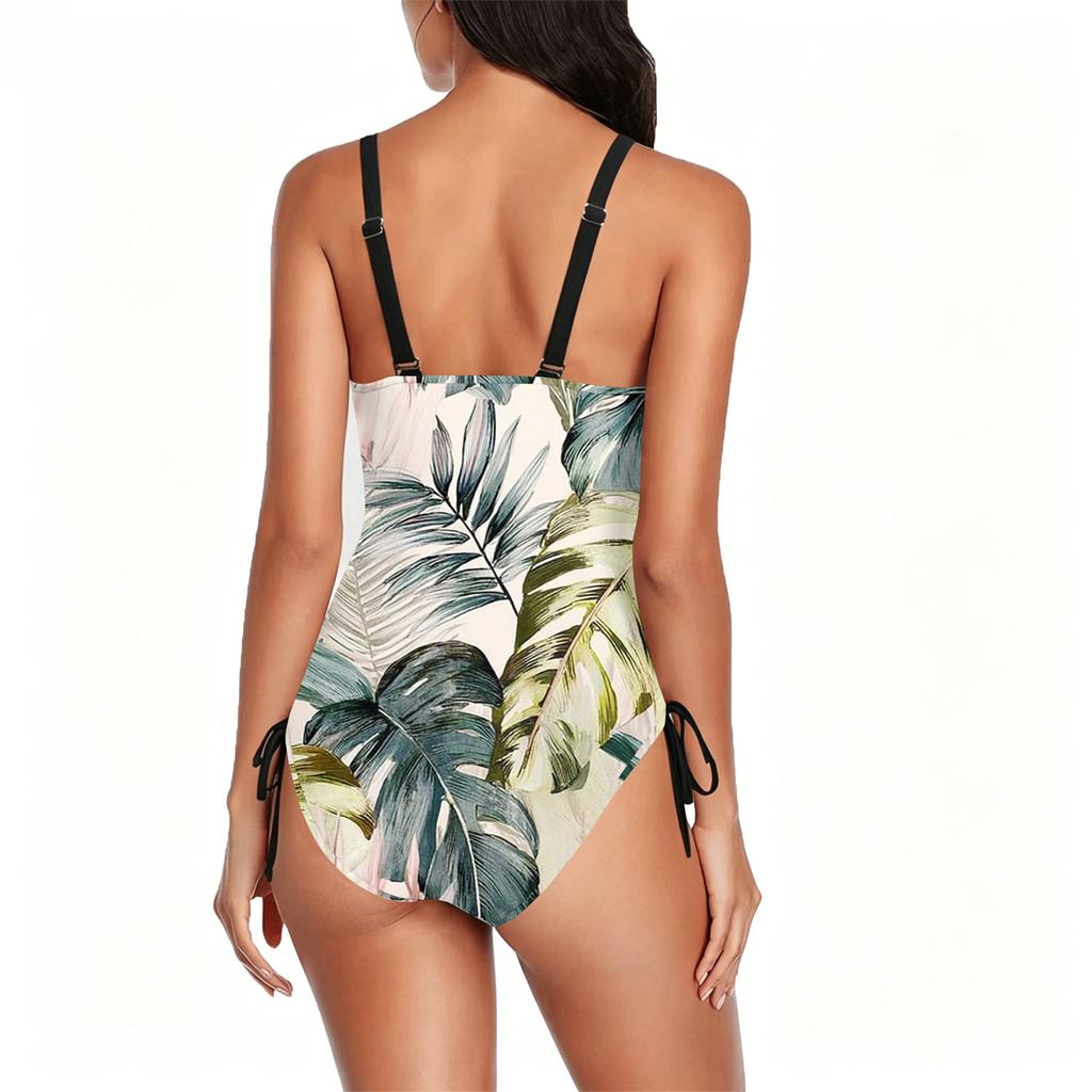 Swimsuit for Women Scoop Neck Adjustable Side Drawstring Leaf Print Bathing Suit Beachwear Monosuit Swimwear