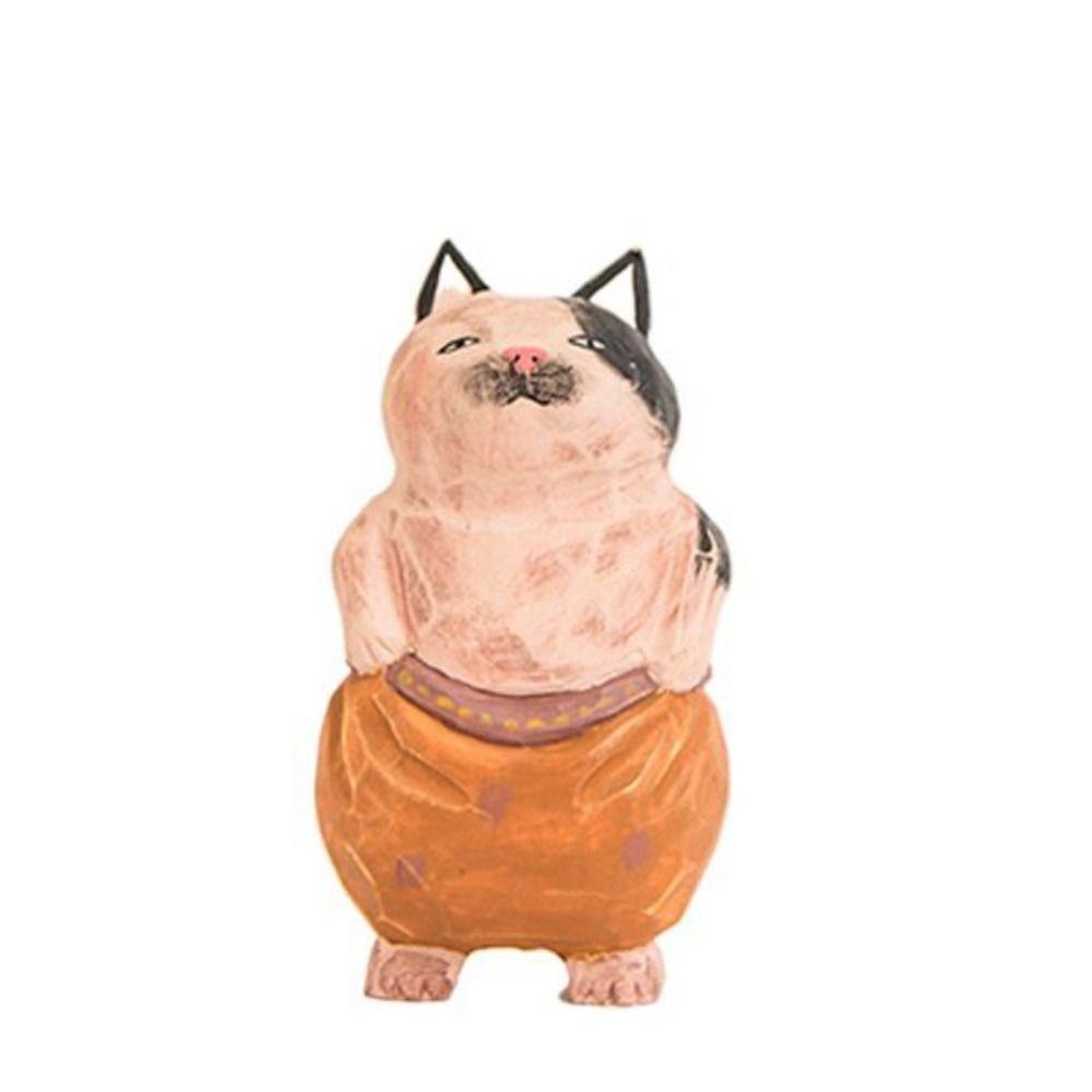 Cute Wood Carving Cat Ornament Simple Style Solid Wood Painted Cartoon Cat Sculpture Small Handmade