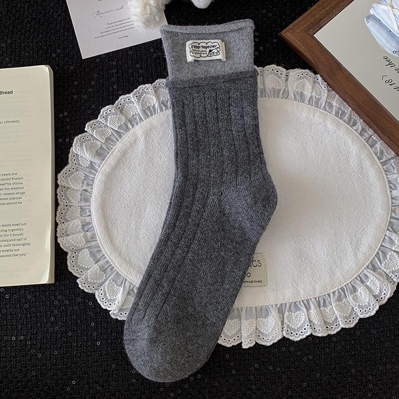 Gray Wool Socks Children'S Season Warm Medium Tube Socks Cute Cartoon Embroidered Cat Striped Cloth Label Stacking Socks