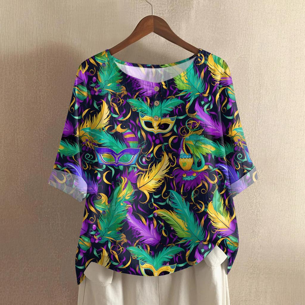 Women's Fashionable And Casual Shirt 3/4 Sleeve Round Neck Print Blouse Top