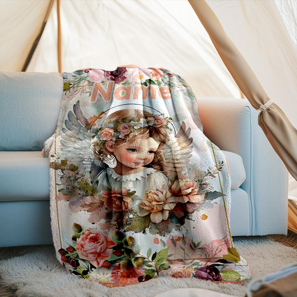 Angel With Flowers Outdoor Customize Your Name Blanket Comfortable Soft Lightweight Allseason Multipurpose Blanket For Travel Camping Picnic Sofa