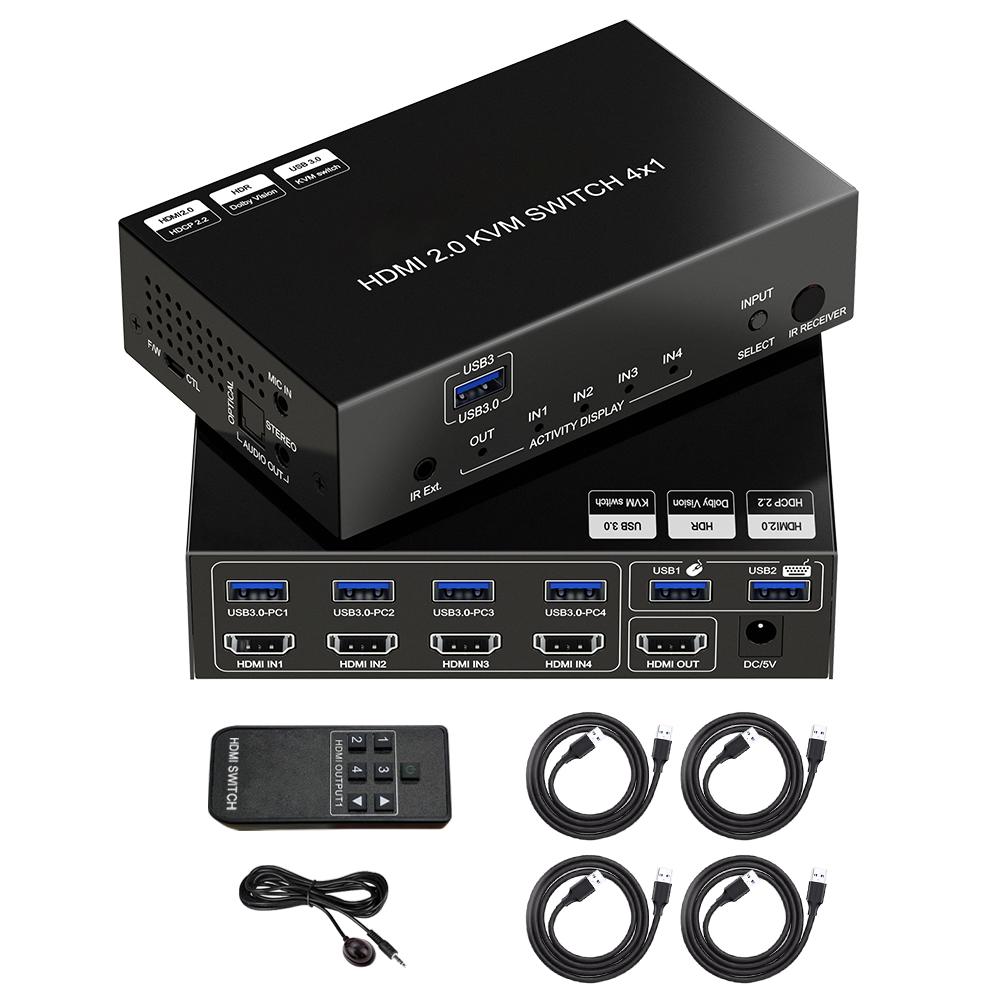 4K60Hz HDMI KVM Switch HOT KEY USB 3.0 KVM Switch 4 Input 1 Output RS232 Video Splitter 4x1 hdmi 4k Kvm Switch