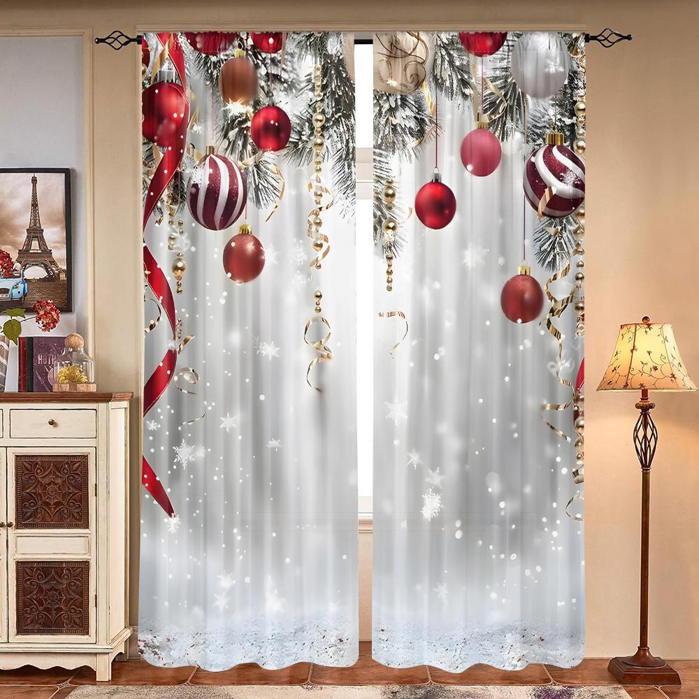 2 sztuki, świąteczne zasłony z gałązek sosnowych i kolorowych kul - półzaciemniające - odpowiednie do salonu, sypialni, kuchni, dekoracji domu