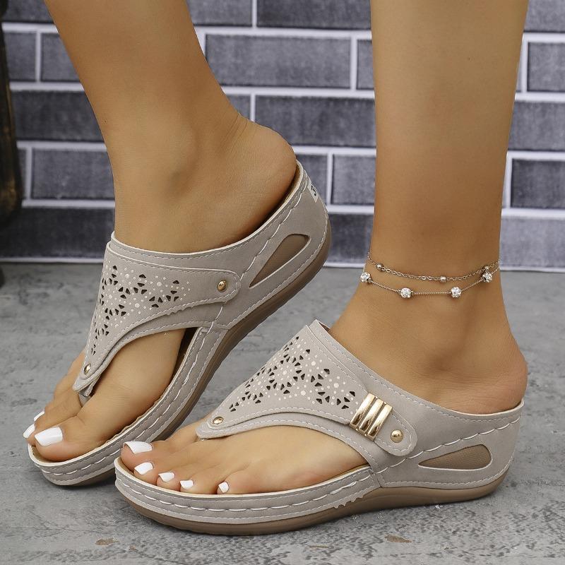 Women's Cutout Thong Sandals, Stitched Detail Wedge Slippers, Retro Platform Outdoor Slides for Women