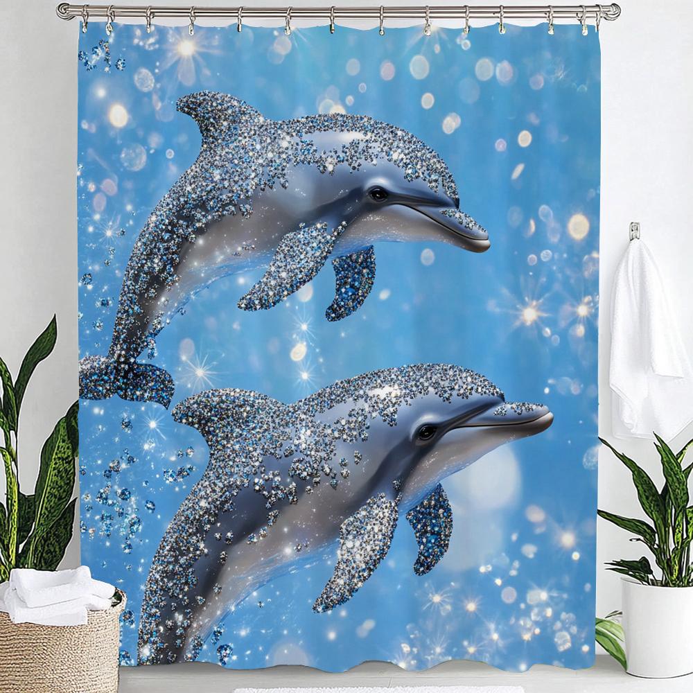 1pc Underwater World Blue Ocean Dolphin Cartoon Print Waterproof Shower Curtain Partition Privacy Hanging Curtain with 12 Hooks