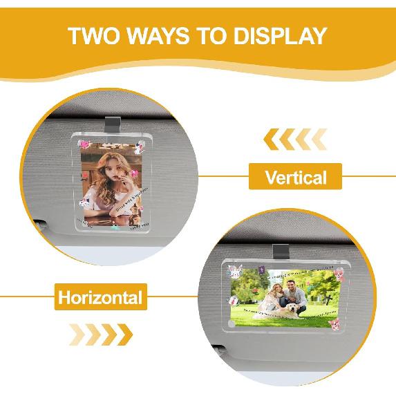 2Pcs Car Picture Holder ,Acrylic Magnetic Car Visor Photo Clip For 3" & 4" Photos - With Safe Driving & Love Messages Stickers, Meaningful Car