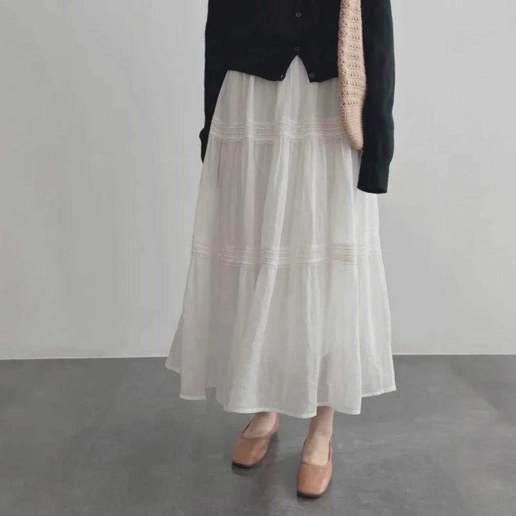 Women's High Waist White Lace Patchwork Ramie A-line Midi Skirt - Spring/Summer 2025