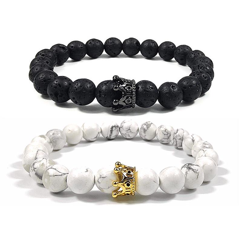 European & American Zirconia Crown Bracelet with Volcanic Stone & White Pine Beads